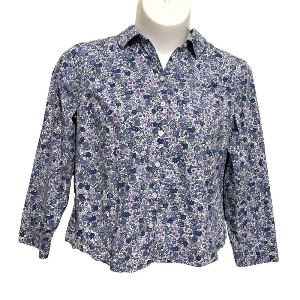Croft & Barrow Blouse Top Womens Size X-Large Blue Floral Long & Roll-Tab Sleeve